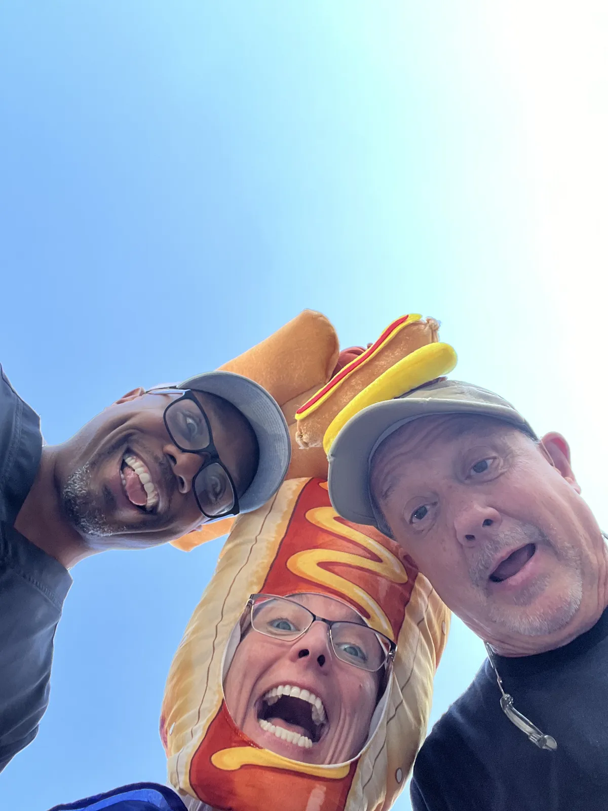 A selfie with the Franken Dogs hot dog mascot