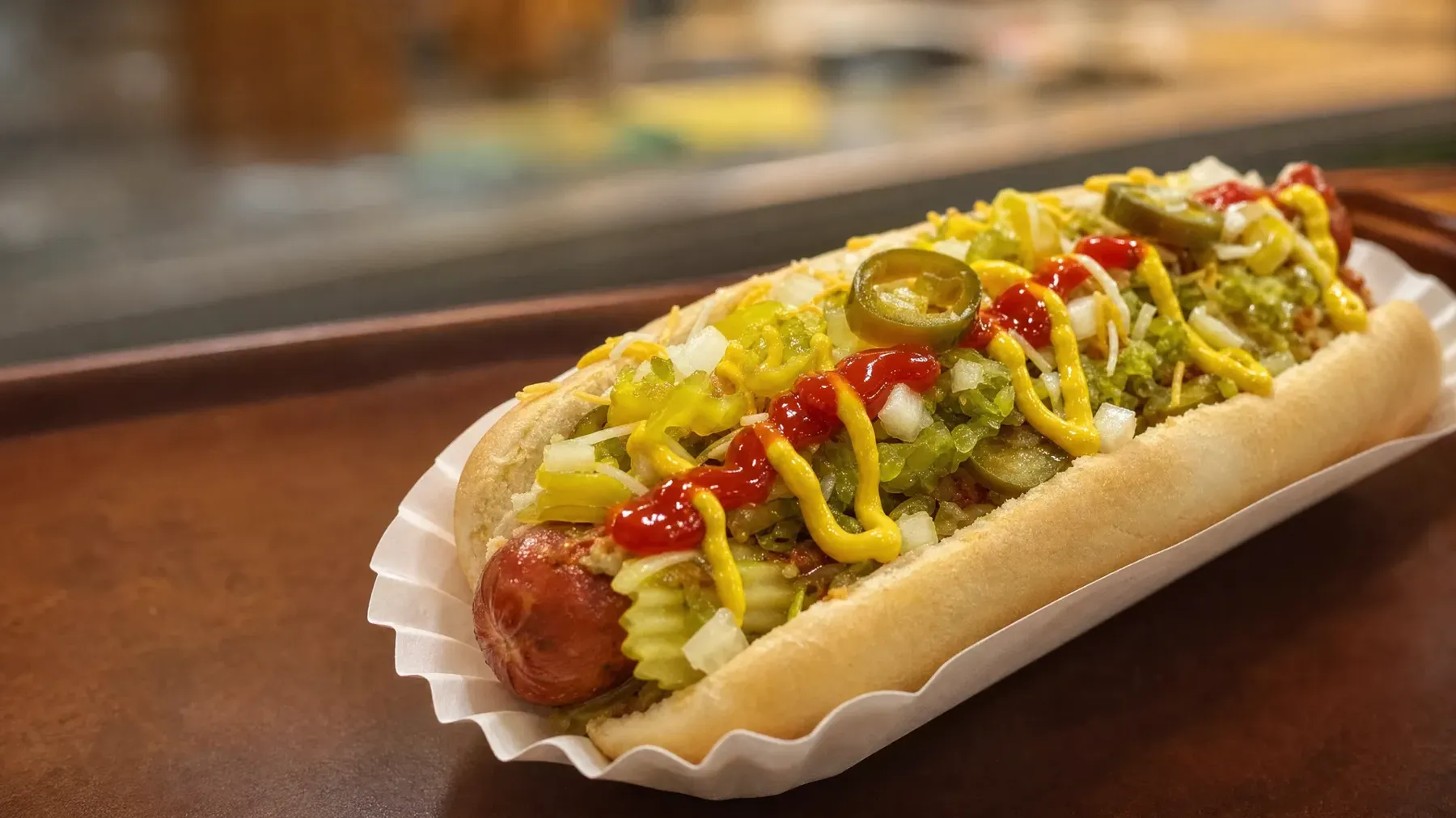 Loaded Franken Dog with mustard, ketchup, relish, peppers, jalapeños, and cheese